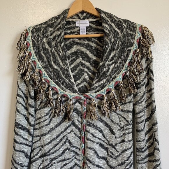 Soft Surroundings Zebra Print Cardigan Size XS Fringe Oversized Boho Mob Wife - Picture 3 of 12